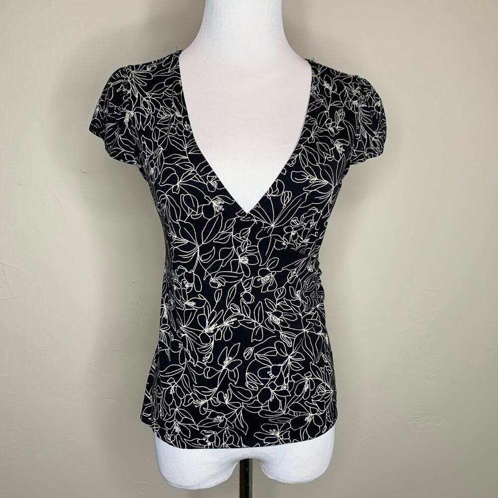 BCBG black White Floral Faux Wrap Top Small